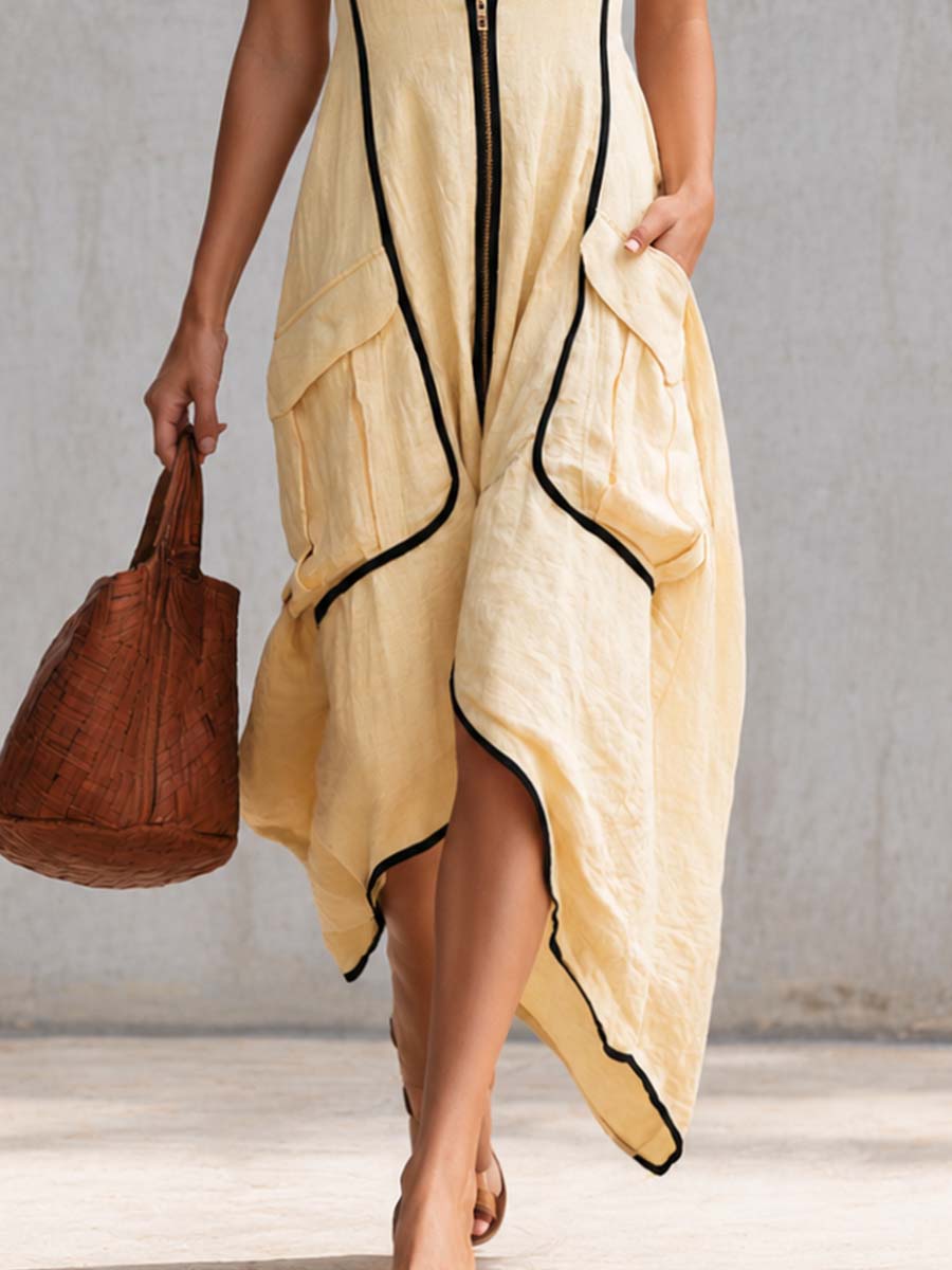 Elegant Casual Workwear V-neck Front-zip Light Yellow Cotton-linen Maxi Dress - By Qivii