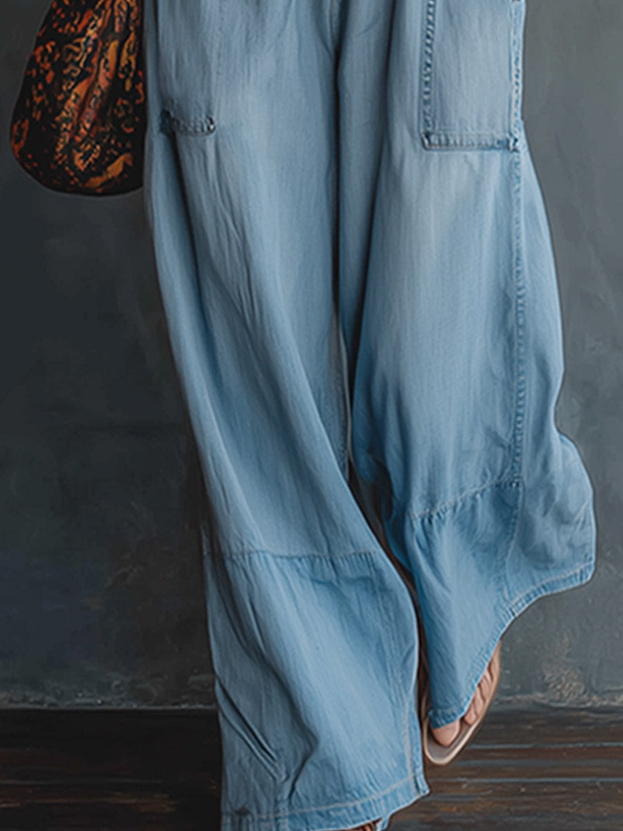Retro-style Lace-trimmed Light Blue Denim Sleeveless Jumpsuit - By Qivii