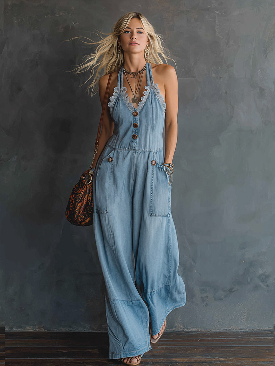 Retro-style Lace-trimmed Light Blue Denim Sleeveless Jumpsuit - By Qivii