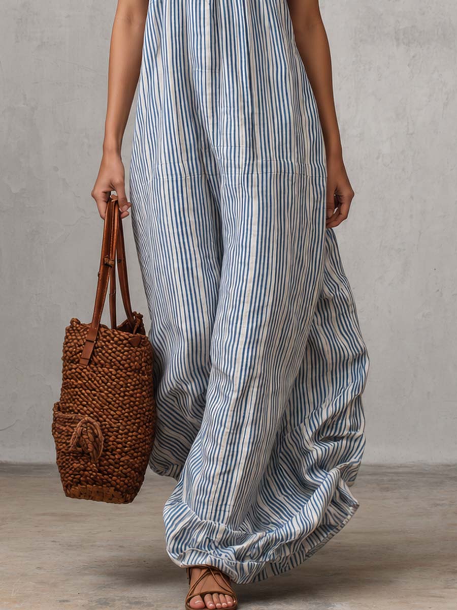 Retro Casual Vacation Halter Neck With Ruffle Detail Light Blue Striped Maxi Dress - By Qivii