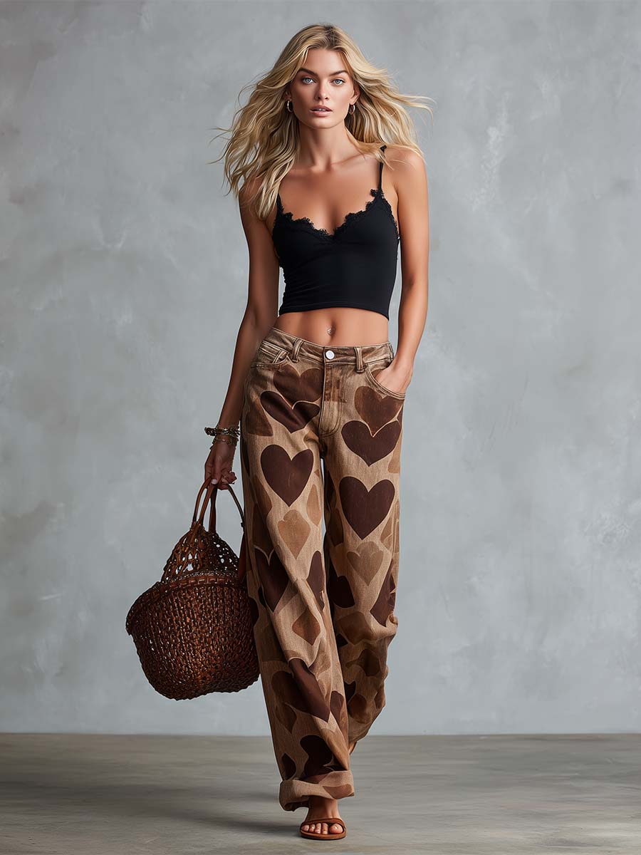 Retro Casual Heart Pattern Versatile Light Brown Denim Pants - By Qivii