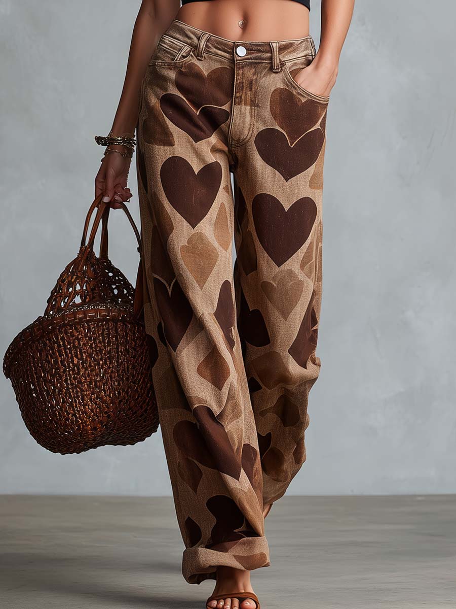 Retro Casual Heart Pattern Versatile Light Brown Denim Pants - By Qivii