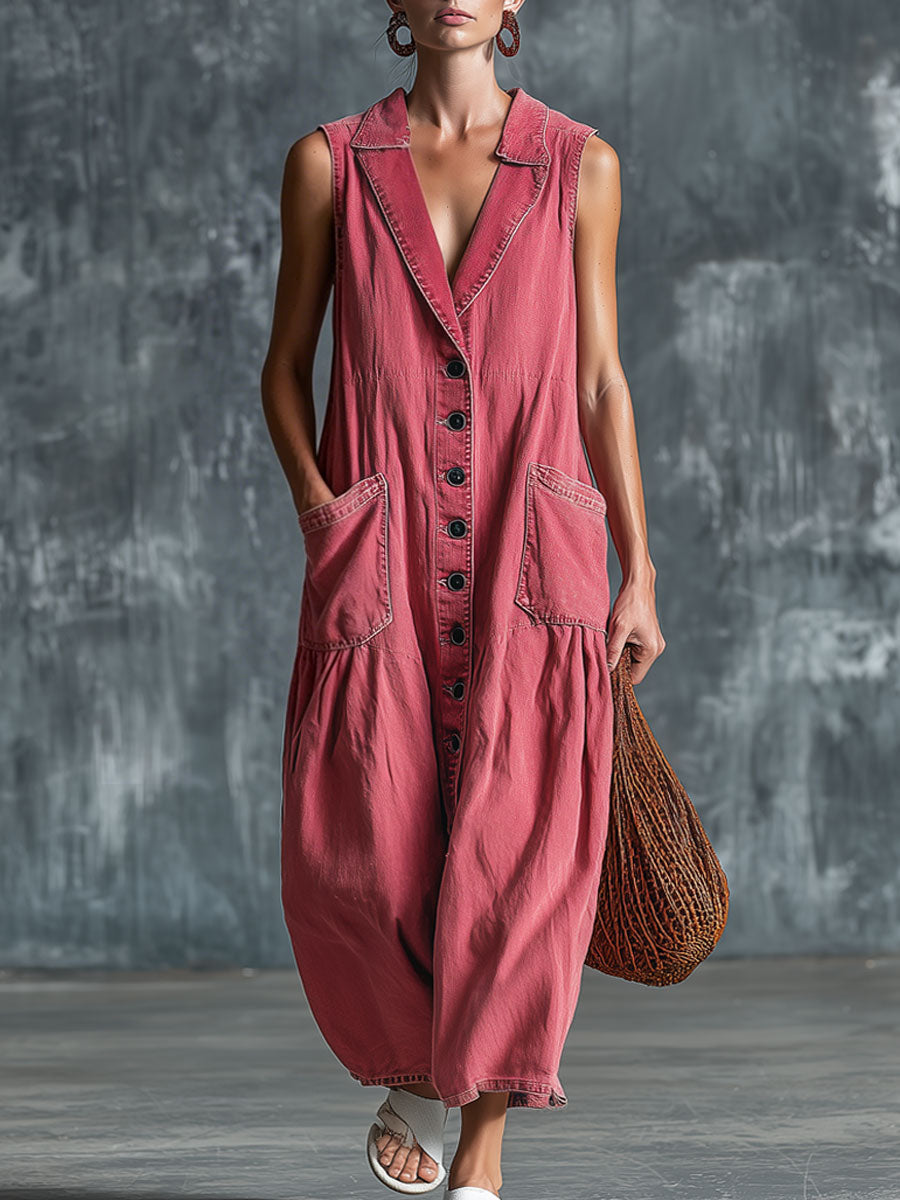 Casual Retro Pink Denim Sleeveless Midi Dress - By Qivii