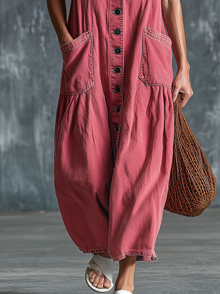 Casual Retro Pink Denim Sleeveless Midi Dress - By Qivii