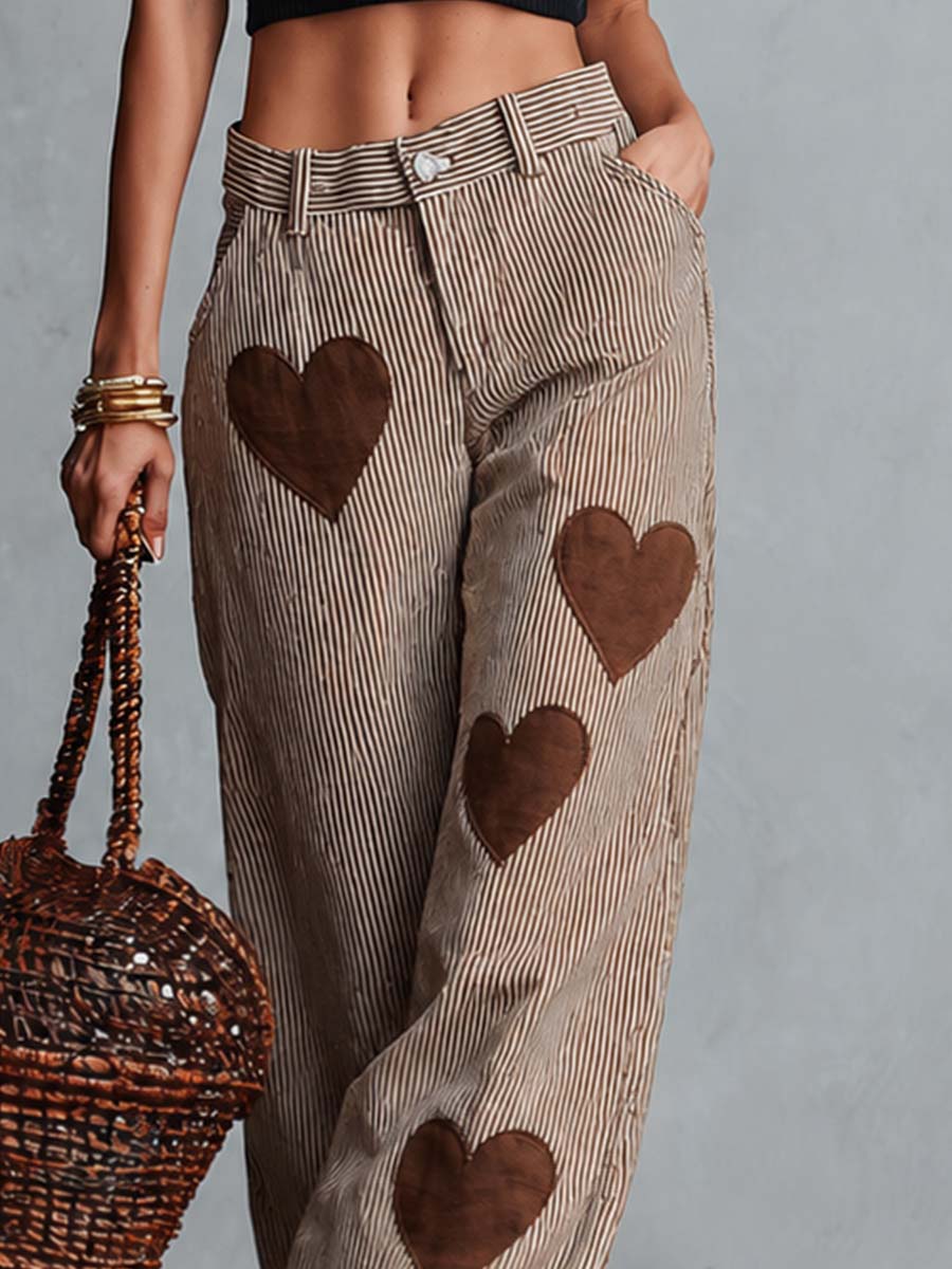 Retro Casual Comfortable Heart Pattern Brown Striped Pants - By Qivii