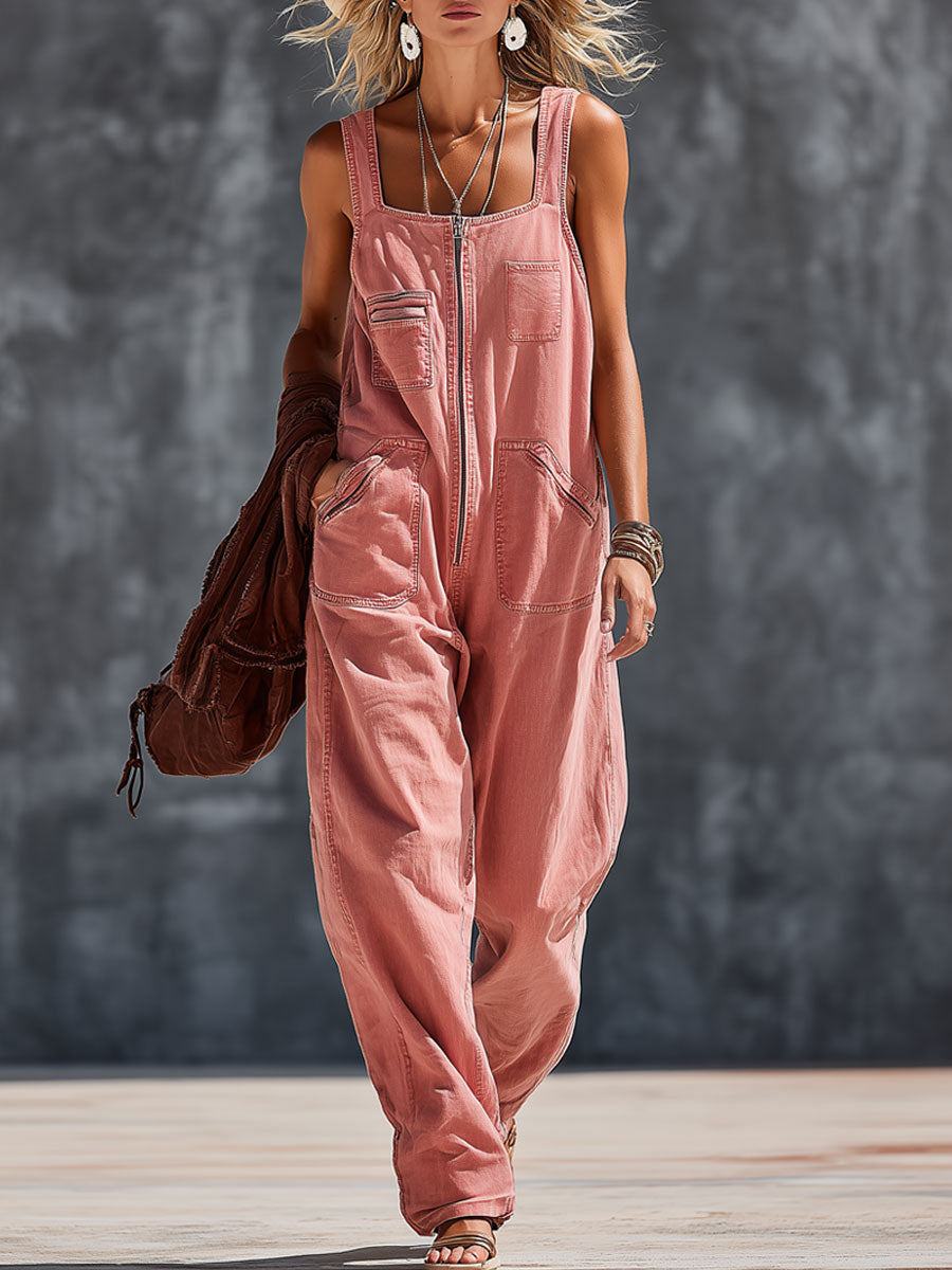 Western-style Retro Pink Denim Sleeveless Zip-up Jumpsuit - By Qivii