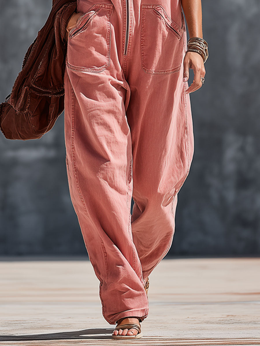 Western-style Retro Pink Denim Sleeveless Zip-up Jumpsuit - By Qivii