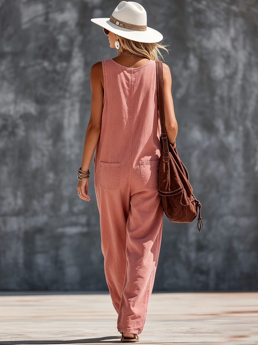 Western-style Retro Pink Denim Sleeveless Zip-up Jumpsuit - By Qivii