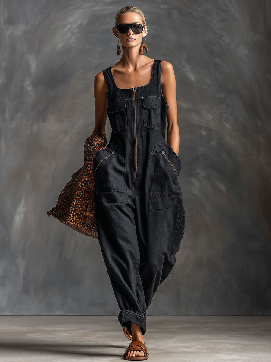 Casual Retro Black Denim Sleeveless Zip-up Jumpsuit - By Qivii