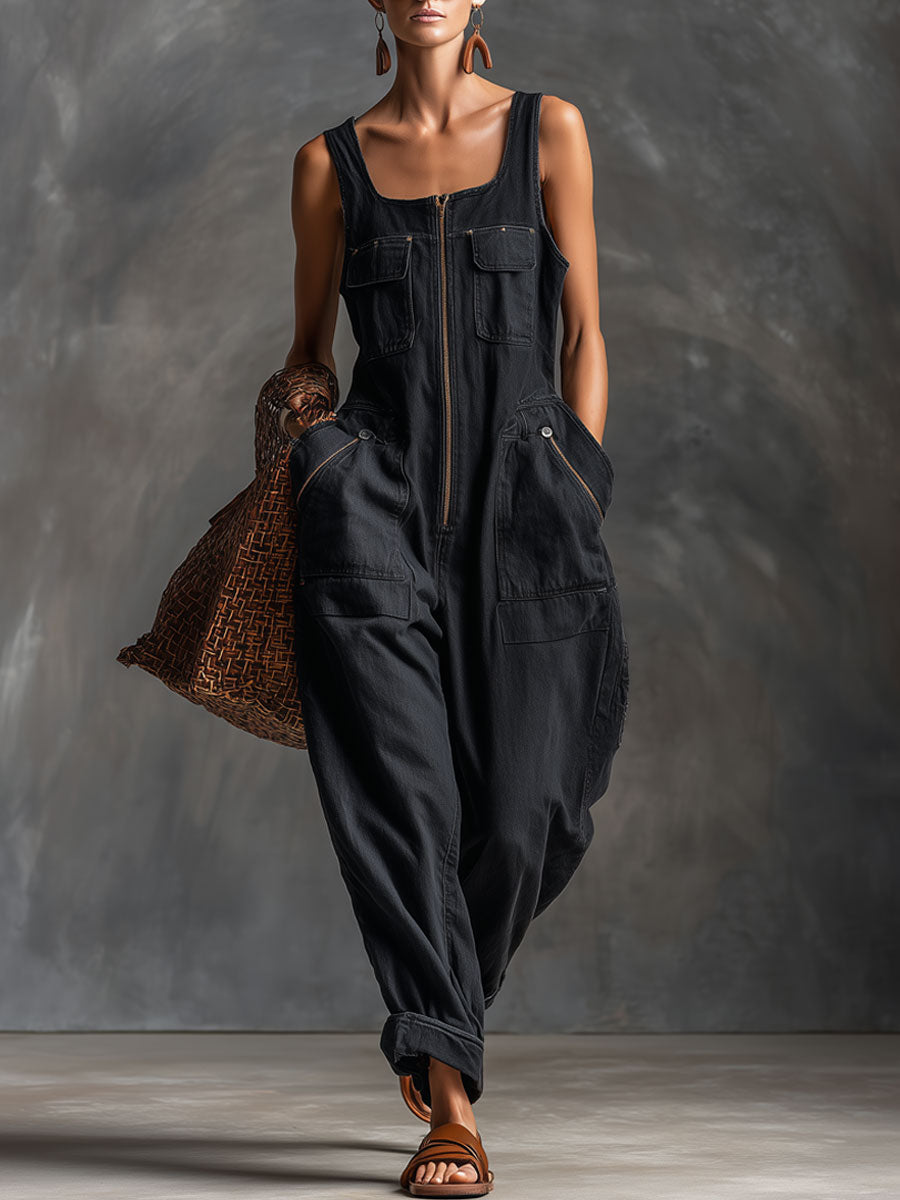 Casual Retro Black Denim Sleeveless Zip-up Jumpsuit - By Qivii