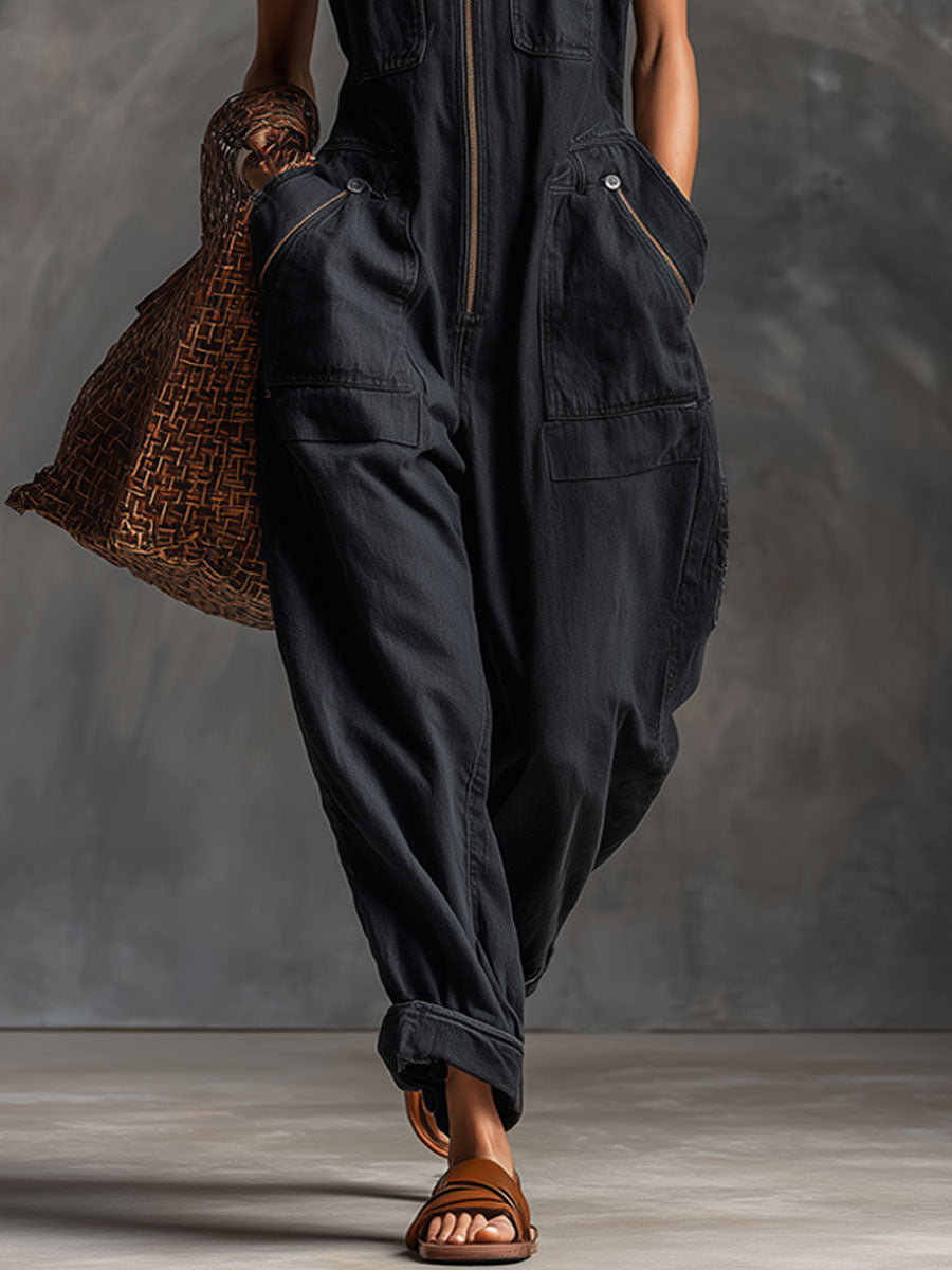 Casual Retro Black Denim Sleeveless Zip-up Jumpsuit - By Qivii
