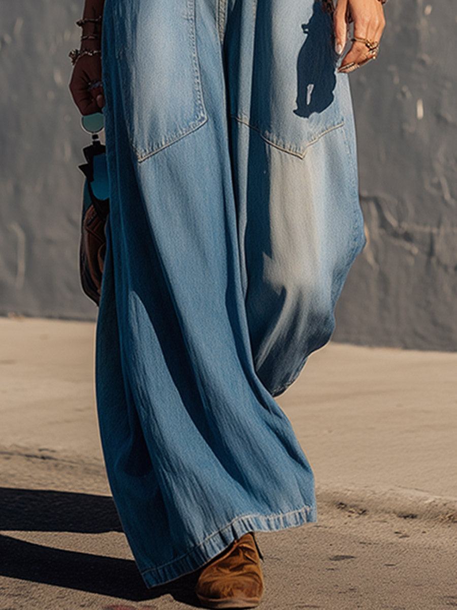 Retro-style Patchwork Blue Denim & Leopard-print Faux Suede Jumpsuit - By Qivii