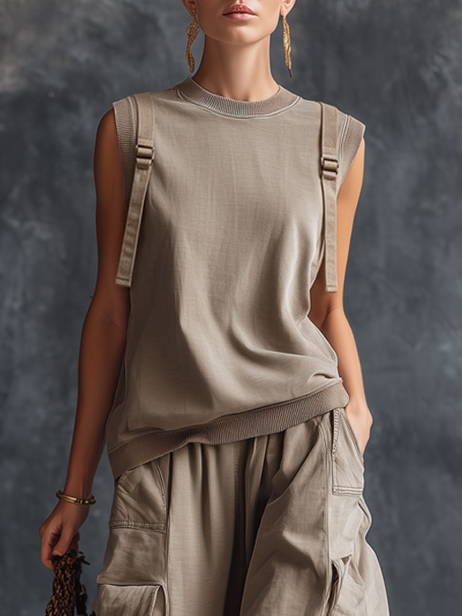 Retro Gray Cotton Sleeveless Sweatshirt And Cargo Pants Set - By Qivii