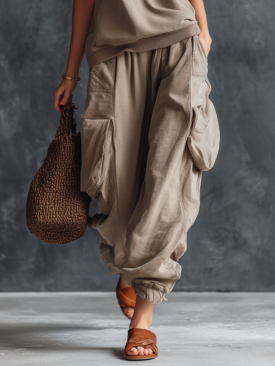 Retro Gray Cotton Sleeveless Sweatshirt And Cargo Pants Set - By Qivii