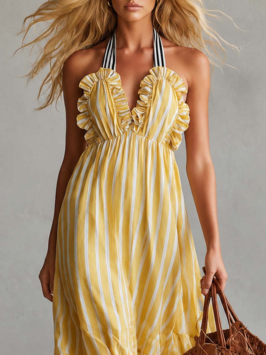 Vintage-style Vacation Halter-neck Ruffled Light Yellow Striped Chiffon Maxi Dress - By Qivii