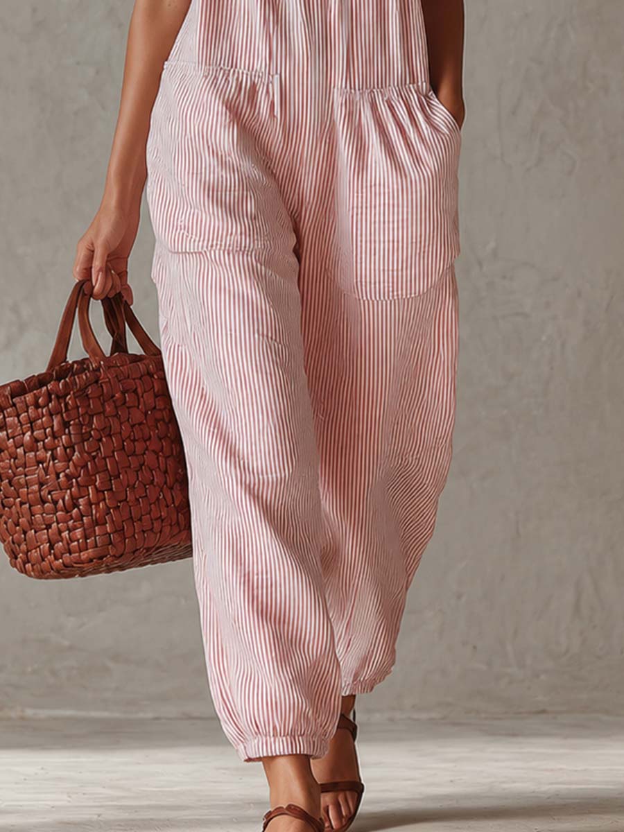 Retro Casual Pink Pinstriped Off-Shoulder Ruffled Jumpsuit - By Qivii