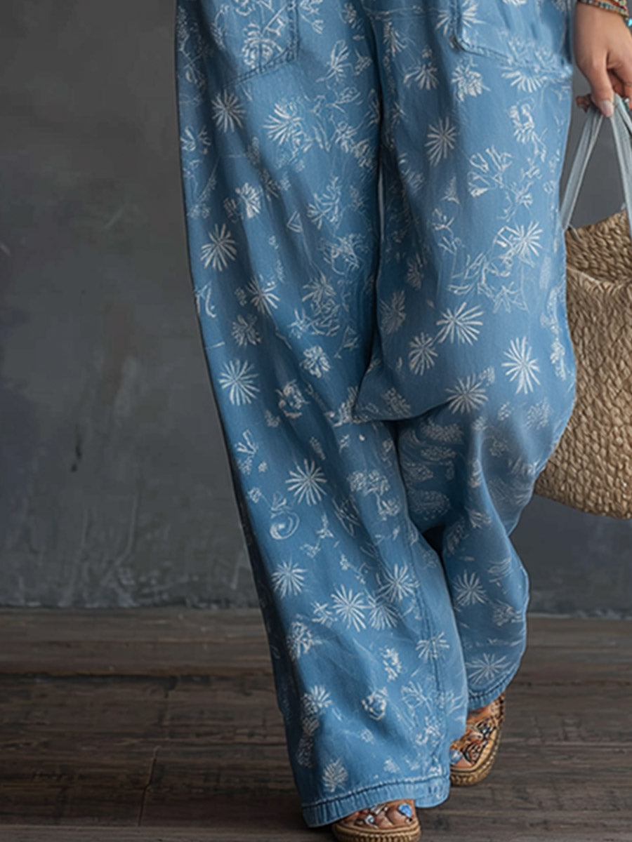Vintage-inspired Romantic Blue Denim Floral Print Square-neck Jumpsuit - By Qivii