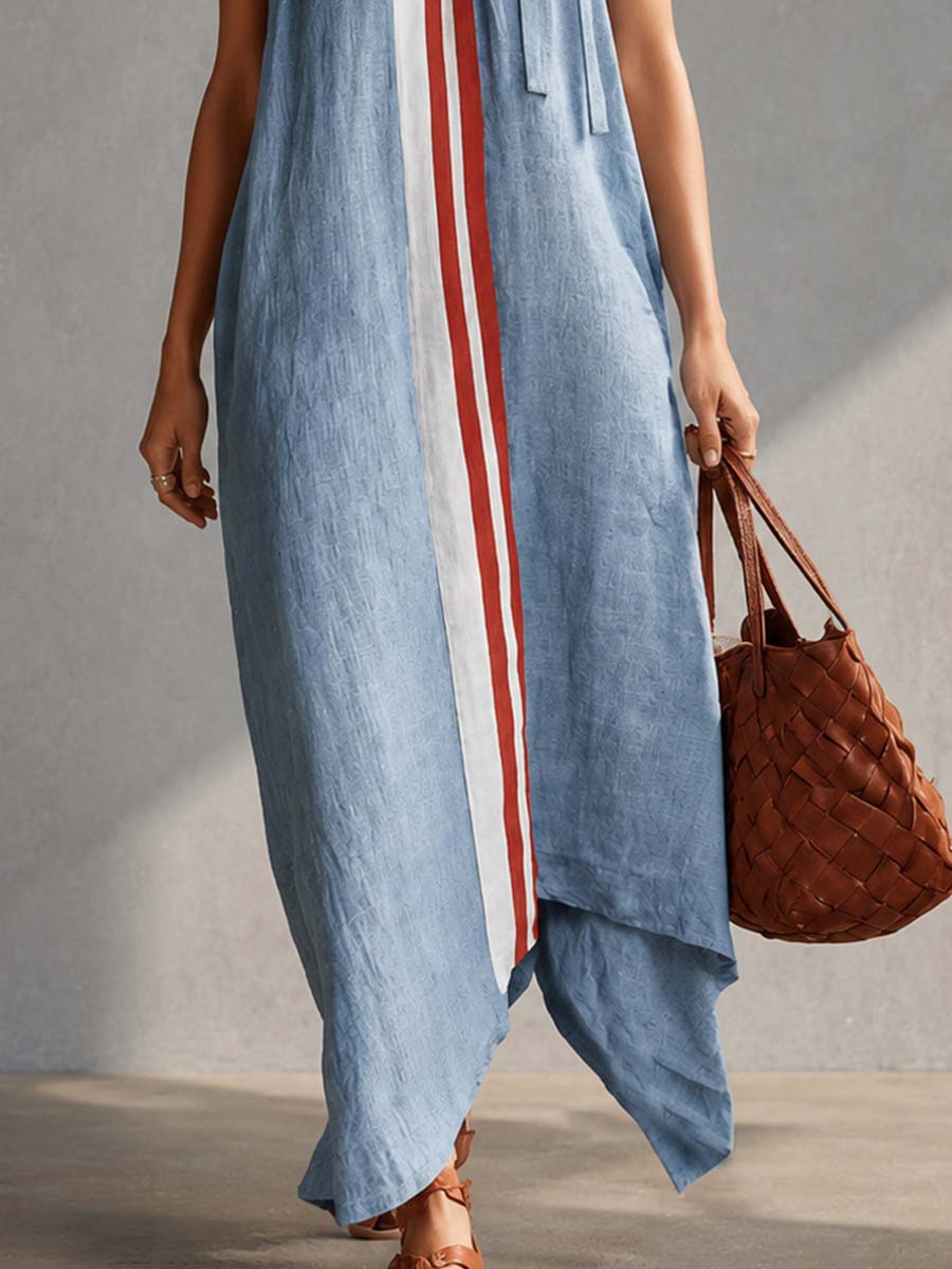 Casual Fashion Round Neck With Ties Contrast Light Blue Cotton-linen Maxi Dress - By Qivii