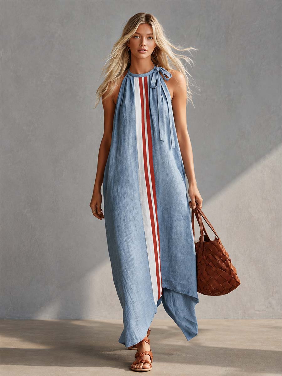 Casual Fashion Round Neck With Ties Contrast Light Blue Cotton-linen Maxi Dress - By Qivii