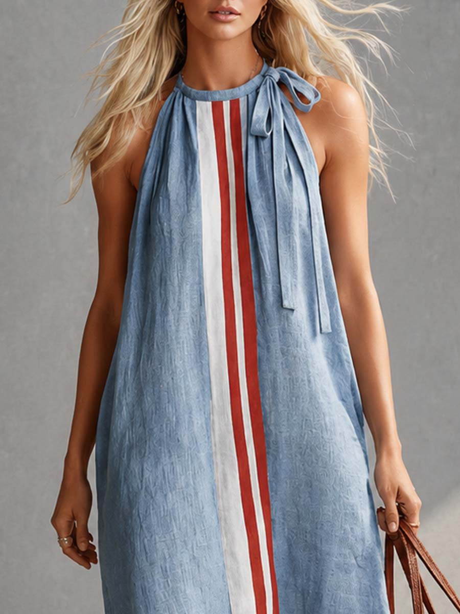 Casual Fashion Round Neck With Ties Contrast Light Blue Cotton-linen Maxi Dress - By Qivii
