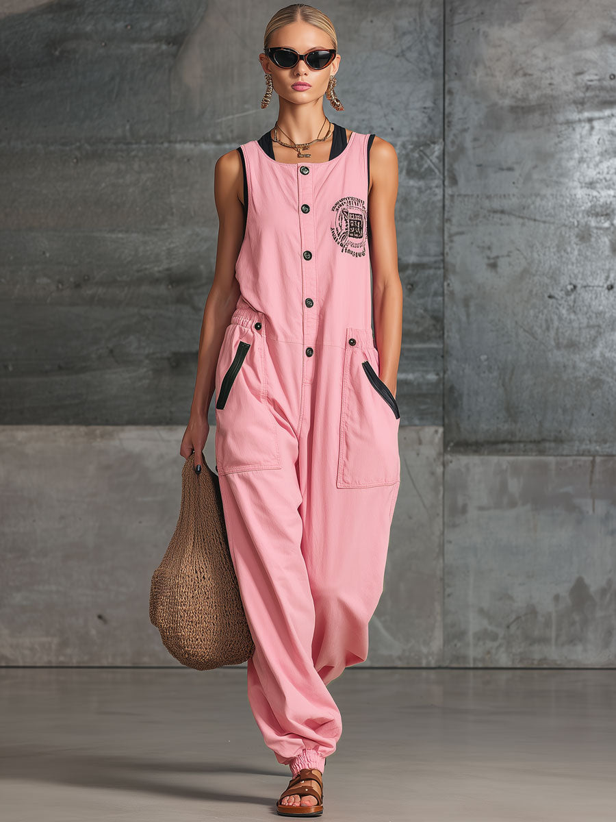 Sporty Retro Embroidered Pink Cotton Sleeveless Jumpsuit - By Qivii