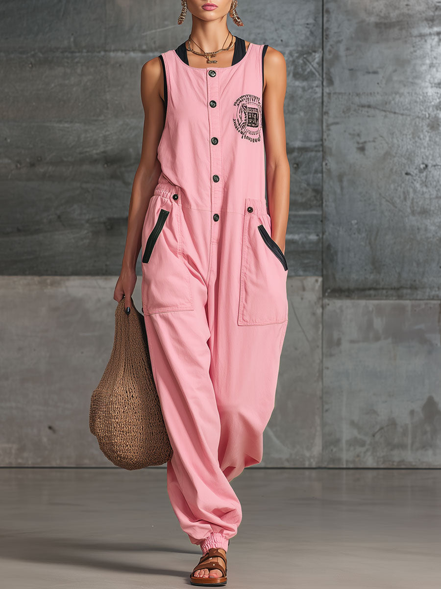 Sporty Retro Embroidered Pink Cotton Sleeveless Jumpsuit - By Qivii