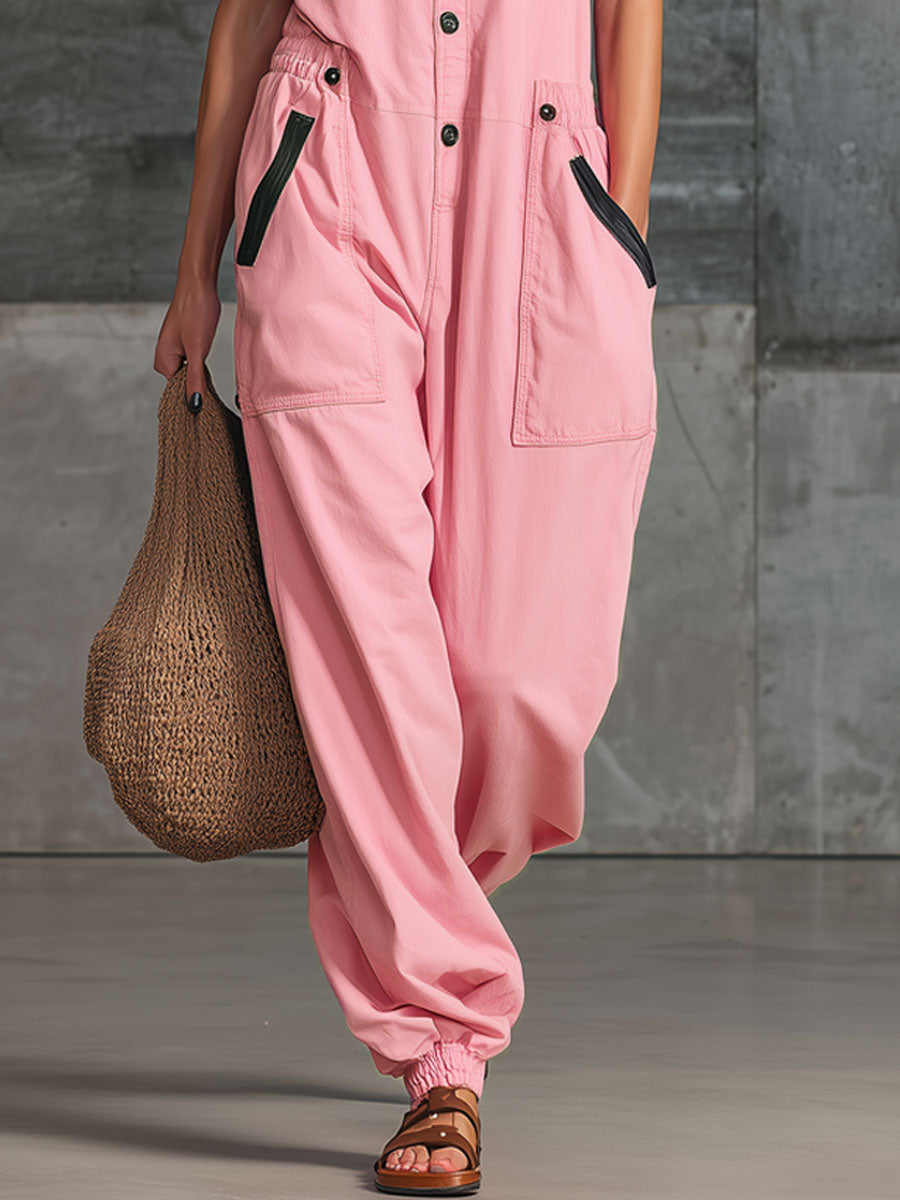 Sporty Retro Embroidered Pink Cotton Sleeveless Jumpsuit - By Qivii