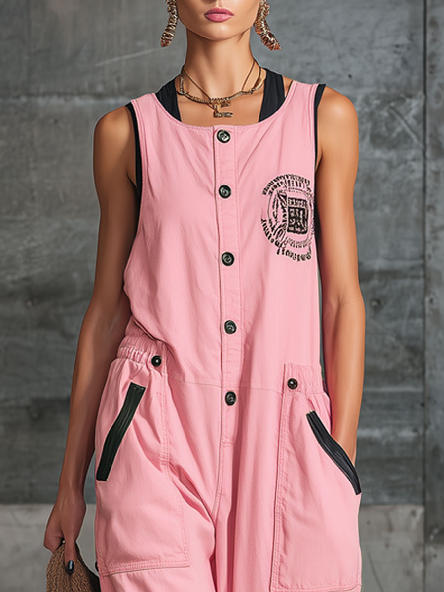 Sporty Retro Embroidered Pink Cotton Sleeveless Jumpsuit - By Qivii