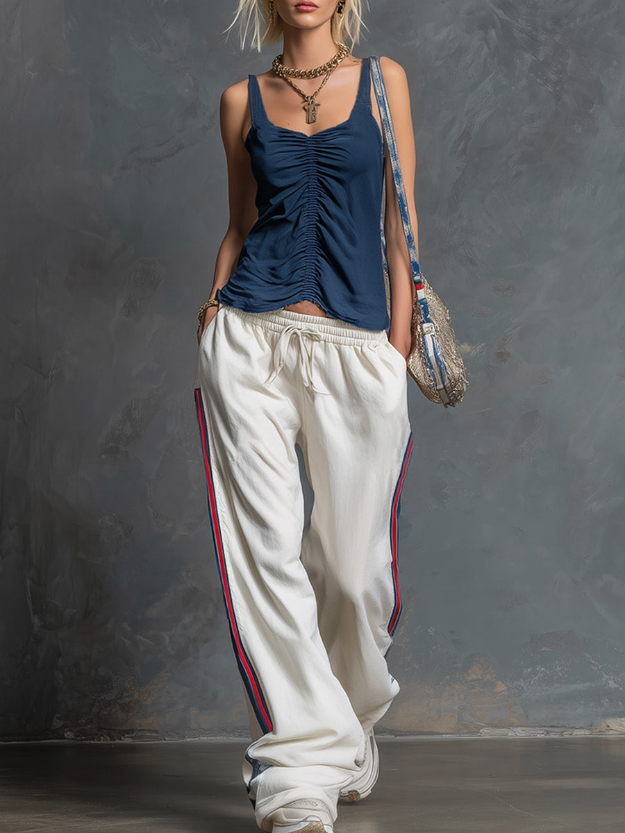 Casual-sporty Navy Blue Pleated Sleeveless Top And White Wide-leg Trousers Set - By Qivii