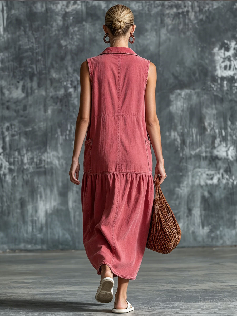Casual Retro Pink Denim Sleeveless Midi Dress - By Qivii
