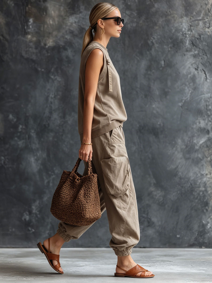 Retro Gray Cotton Sleeveless Sweatshirt And Cargo Pants Set - By Qivii