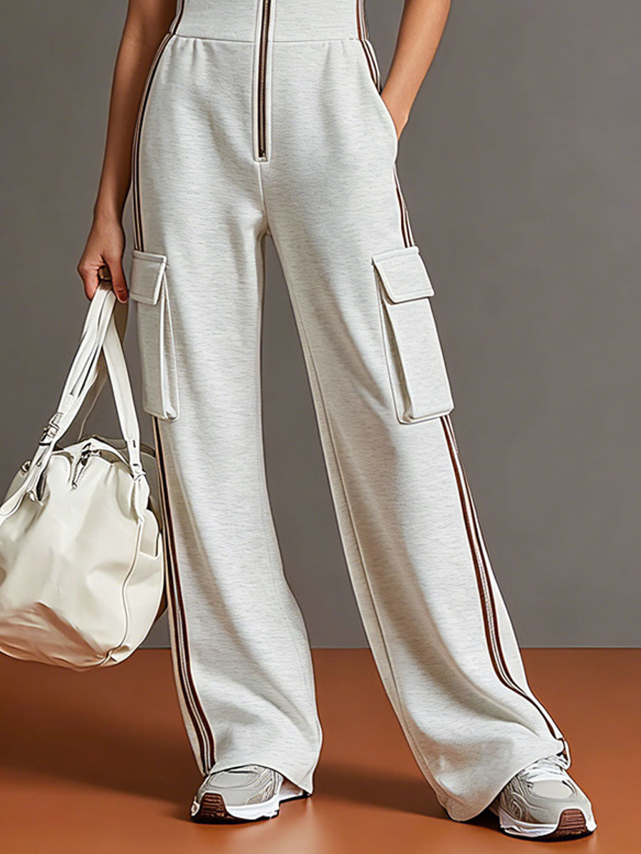 Sporty Retro Striped Webbing Grey And White Cotton Square Neck Zipper Sleeveless Jumpsuit - By Qivii