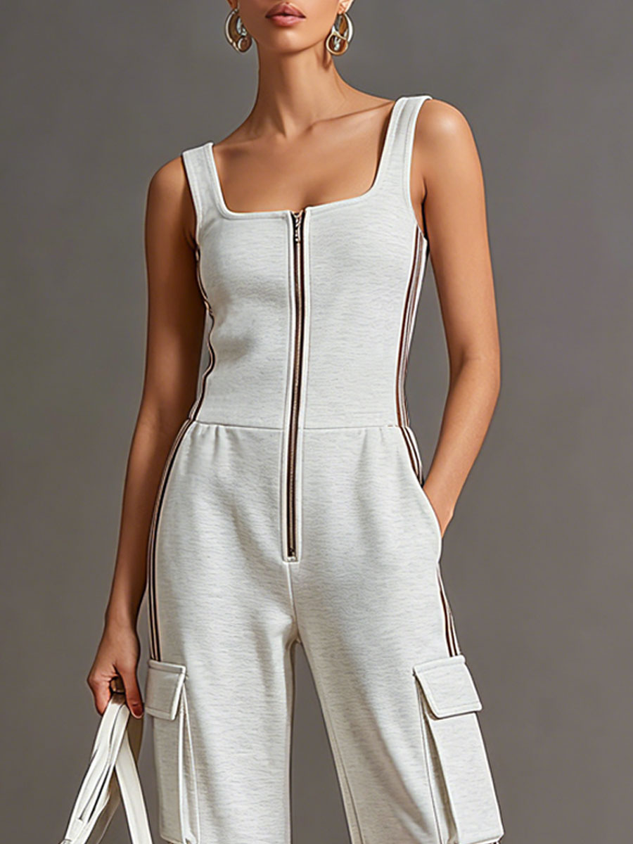 Sporty Retro Striped Webbing Grey And White Cotton Square Neck Zipper Sleeveless Jumpsuit - By Qivii