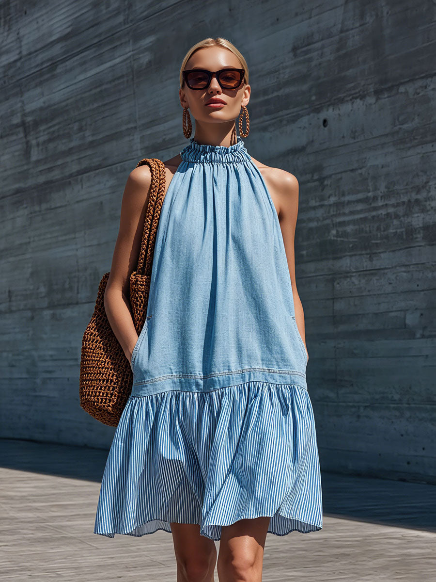 Casual Retro Cotton And Linen Striped Light Blue Denim Sleeveless Mini Dress - By Qivii