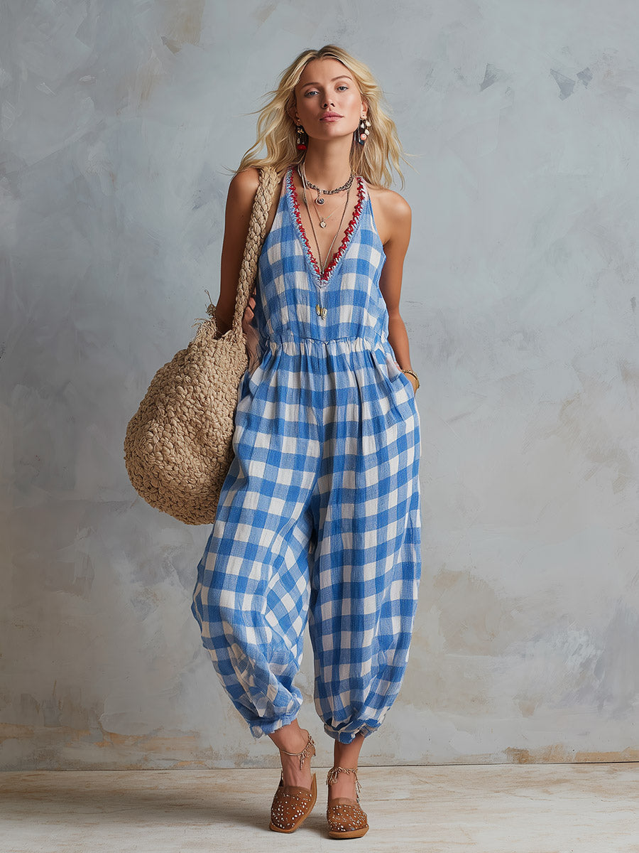 Casual-chic Blue And White Checkered Loose-fit Cotton-linen Jumpsuit - By Qivii