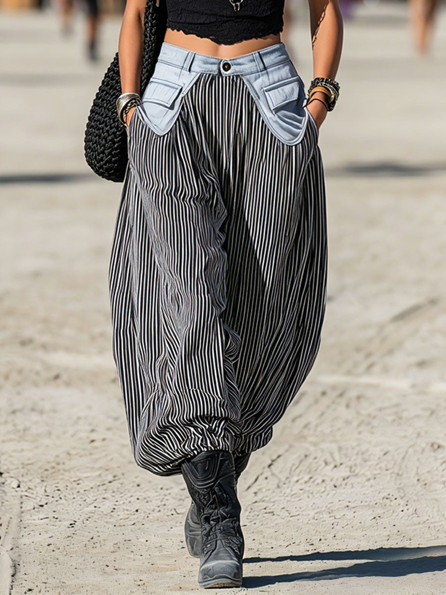 Western Retro Linen Black And White Striped Denim Balloon Pants - By Qivii