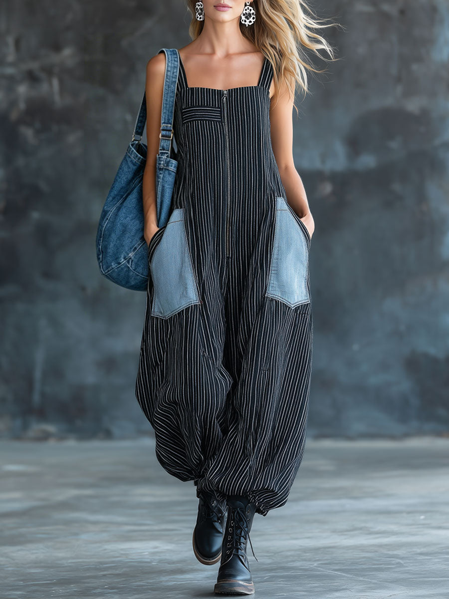 Casual Retro Black And White Striped Denim Sleeveless Zipper Balloon Jumpsuit - By Qivii