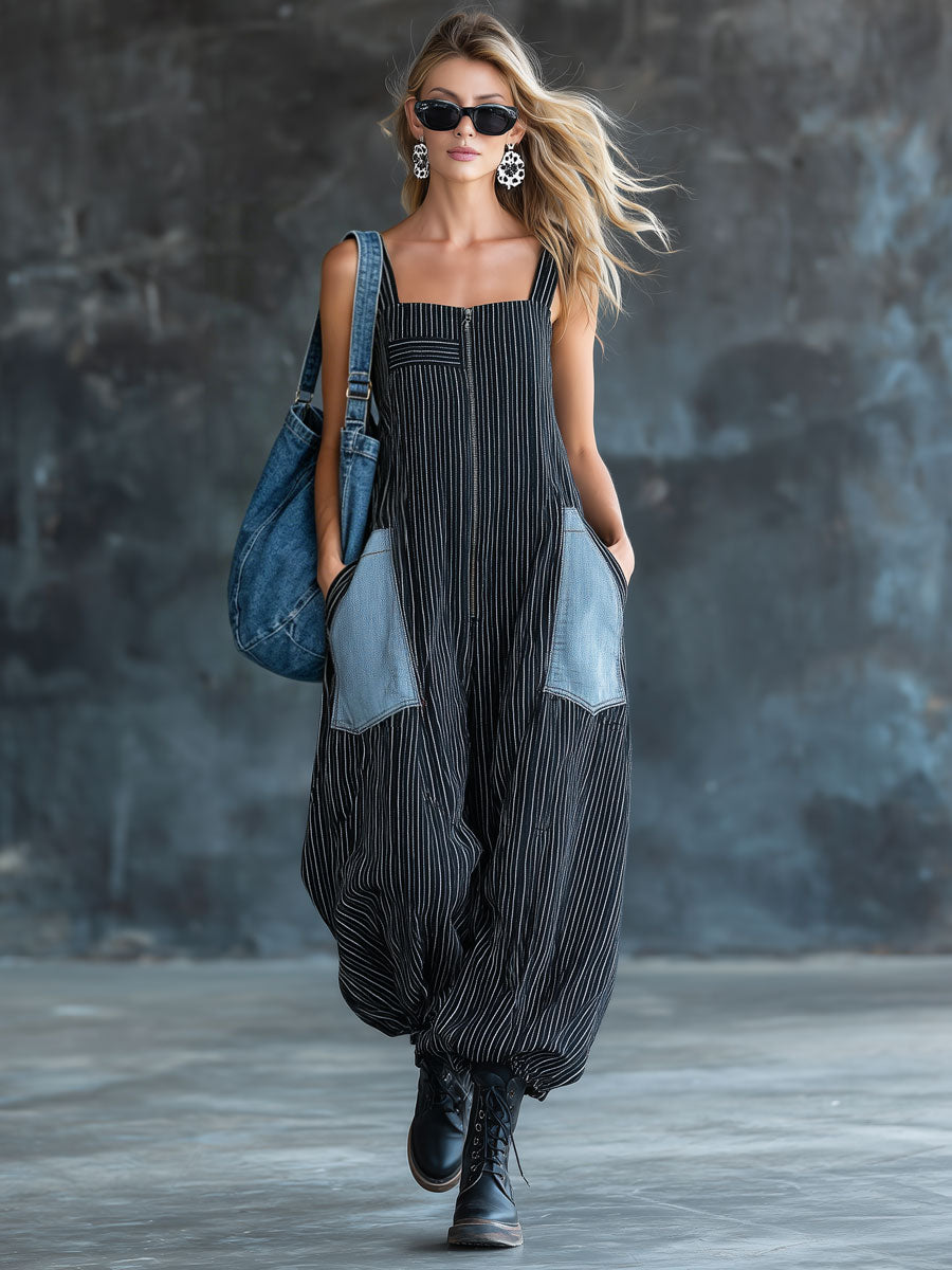 Casual Retro Black And White Striped Denim Sleeveless Zipper Balloon Jumpsuit - By Qivii