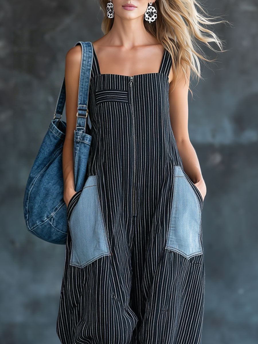 Casual Retro Black And White Striped Denim Sleeveless Zipper Balloon Jumpsuit - By Qivii