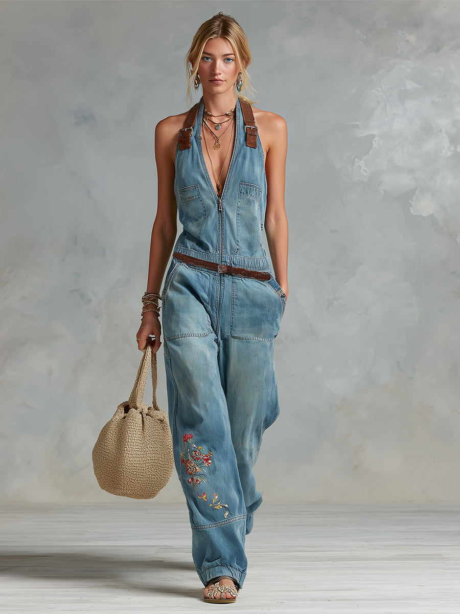 Retro-style PU Shoulder Straps Blue Embroidered Denim Jumpsuit - By Qivii