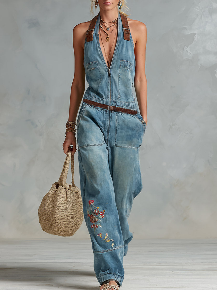 Retro-style PU Shoulder Straps Blue Embroidered Denim Jumpsuit - By Qivii