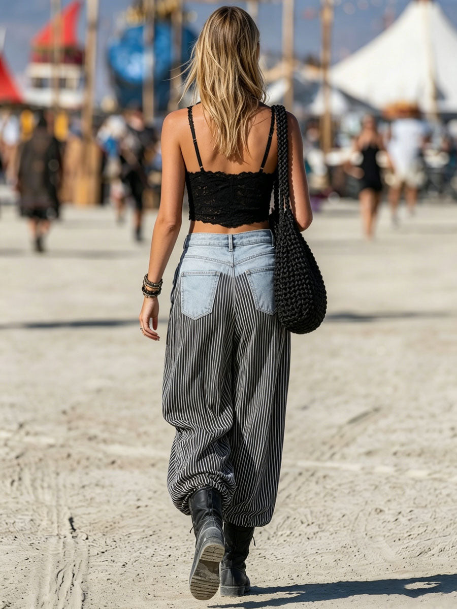 Western Retro Linen Black And White Striped Denim Balloon Pants - By Qivii