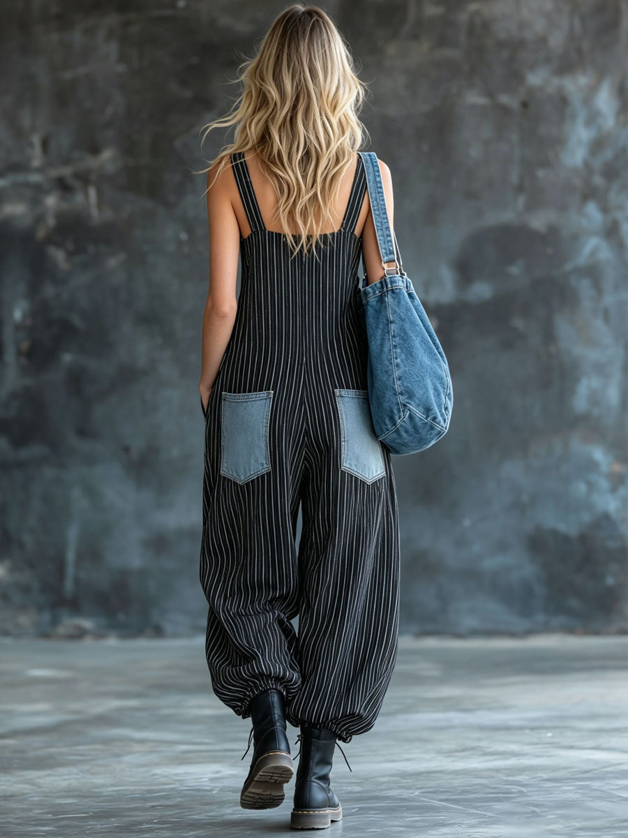 Casual Retro Black And White Striped Denim Sleeveless Zipper Balloon Jumpsuit - By Qivii