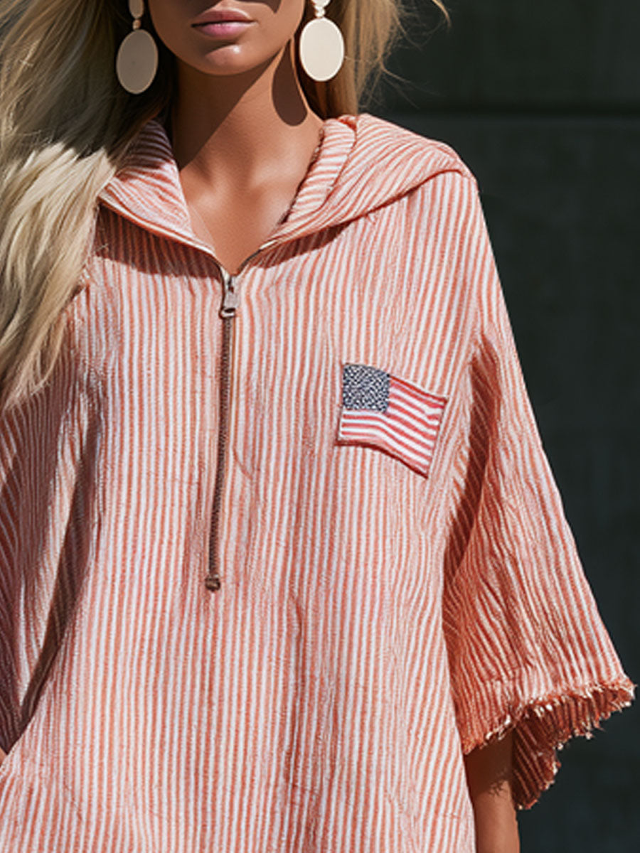 Vintage American Flag Embroidered Hooded Red And White Striped Cotton And Linen Mini Dress - By Qivii