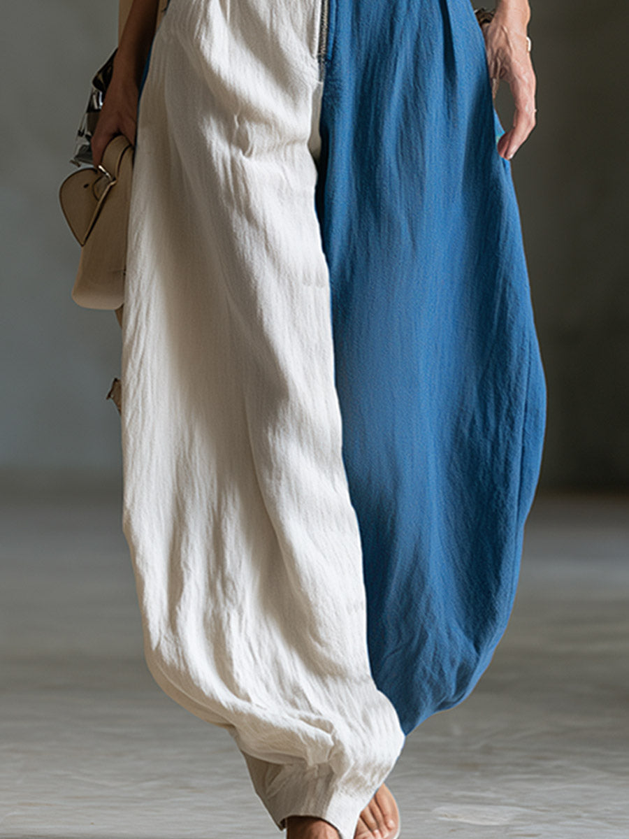 Elegant And Distinctive Blue-white Color-block Cotton Jumpsuit - By Qivii