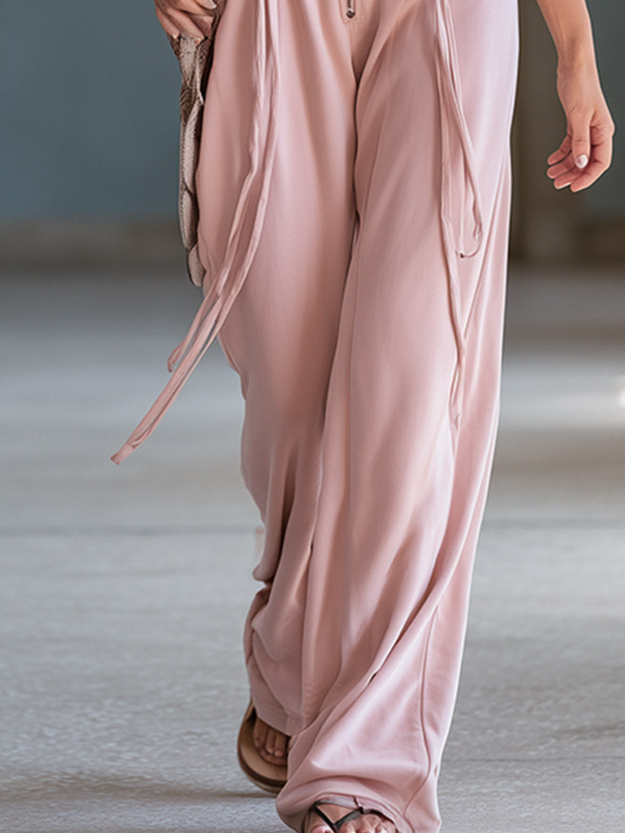Casual Everyday Sporty Lace-Up Pink Square-Neck Cotton Jumpsuit - By Qivii