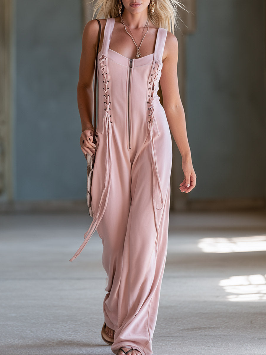 Casual Everyday Sporty Lace-Up Pink Square-Neck Cotton Jumpsuit - By Qivii