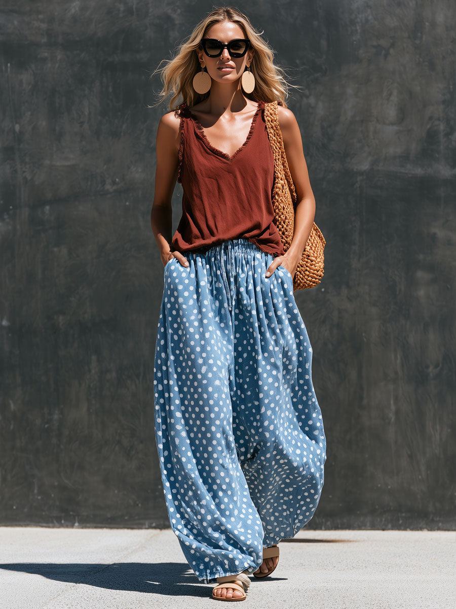 Casual Retro Frayed Brown Vest With Polka Dots And Light Blue Jeans Set - By Qivii