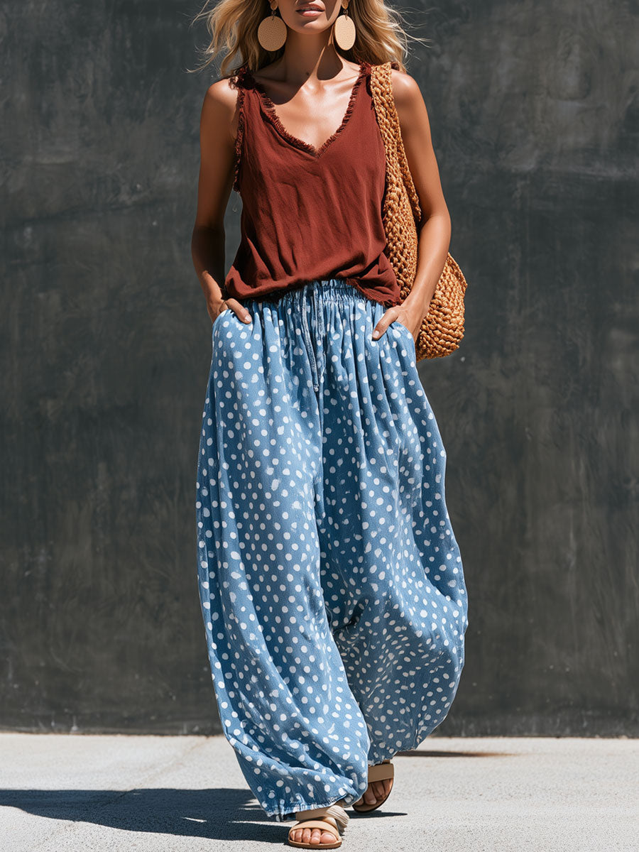 Casual Retro Frayed Brown Vest With Polka Dots And Light Blue Jeans Set - By Qivii