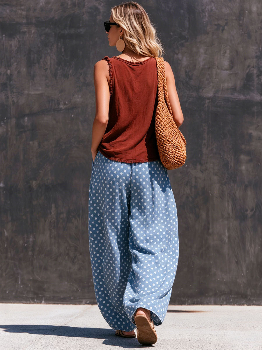 Casual Retro Frayed Brown Vest With Polka Dots And Light Blue Jeans Set - By Qivii